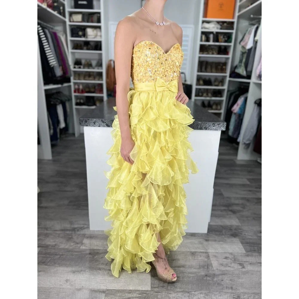 Sherri Hill Yellow Ruffle Organza Strapless Formal Gown $358 - Picture 6 of 11